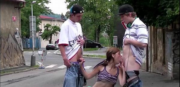  Street sex with a cute teen girl Alexis Crystal and 2 young guys in public orgy